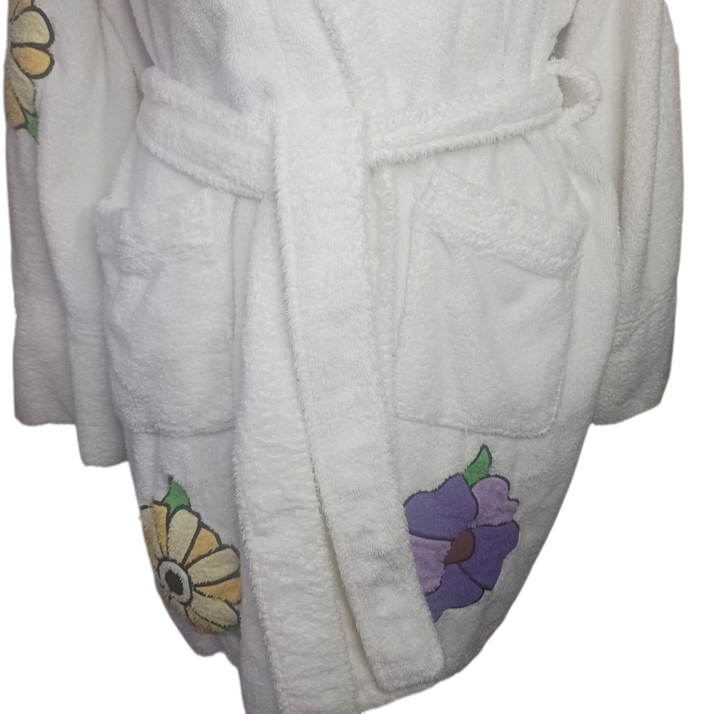 Agean Apparel Terrycloth Short Robe White Floral Embroidery 90s Y2K Vtg OSFM - Picture 7 of 11